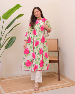 Rosy Radiance Pintex A Line Cotton Kurta Set