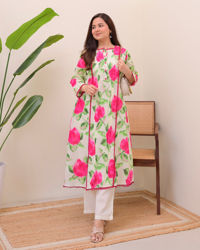 Rosy Radiance Pintex A Line Cotton Kurta Set