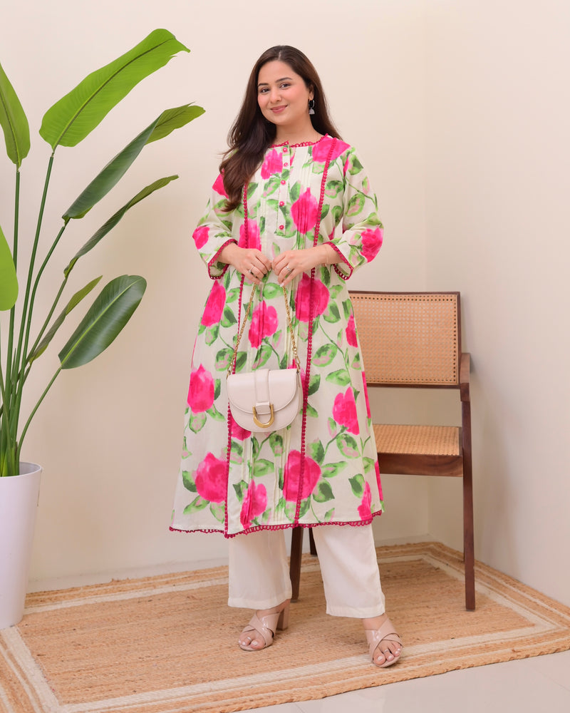 Rosy Radiance Pintex A Line Cotton Kurta Set
