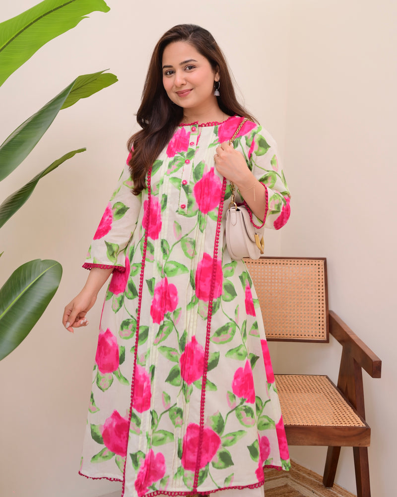 Rosy Radiance Pintex A Line Cotton Kurta Set