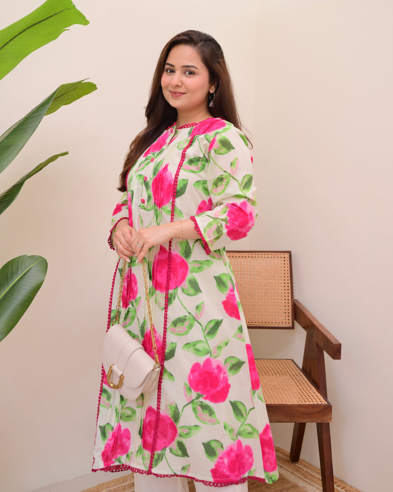 Rosy Radiance Pintex A Line Cotton Kurta Set