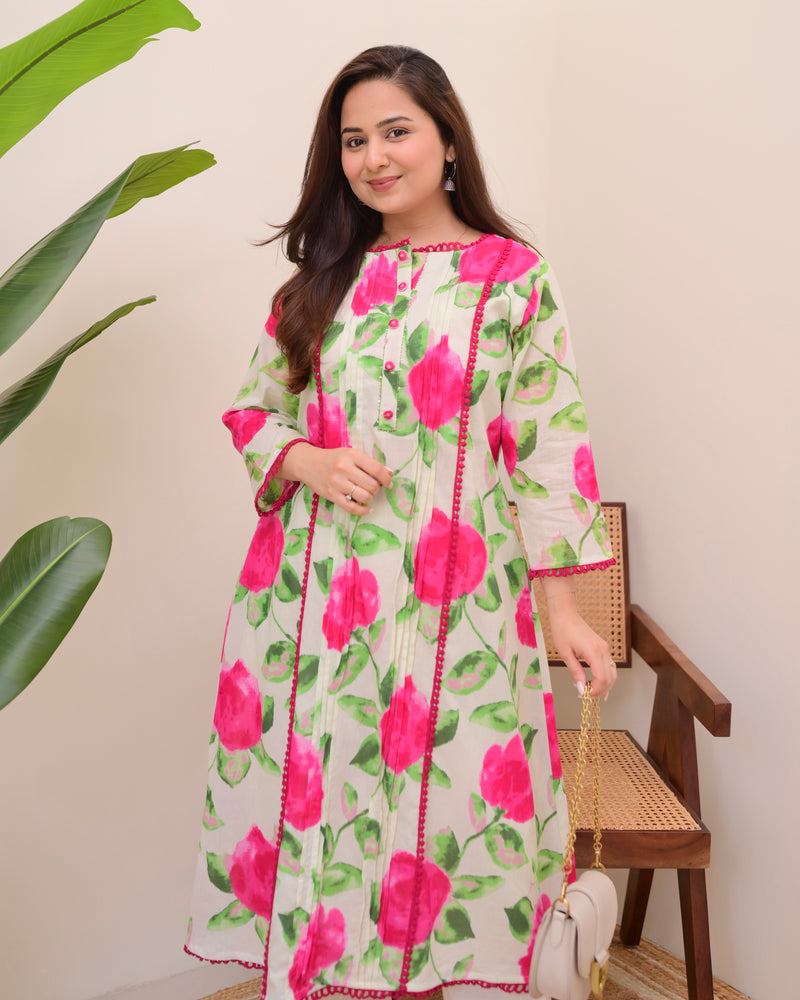 Rosy Radiance Pintex A Line Cotton Kurta Set
