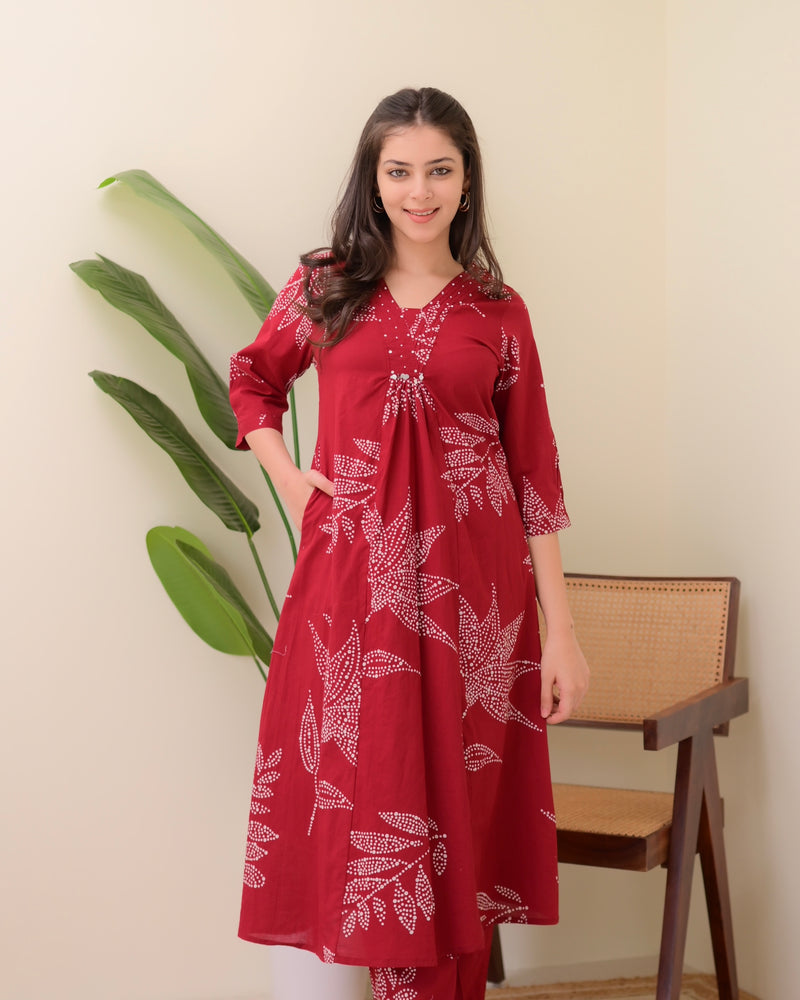 Red Polka Dots Cotton A Line Kurta Palazzo Set