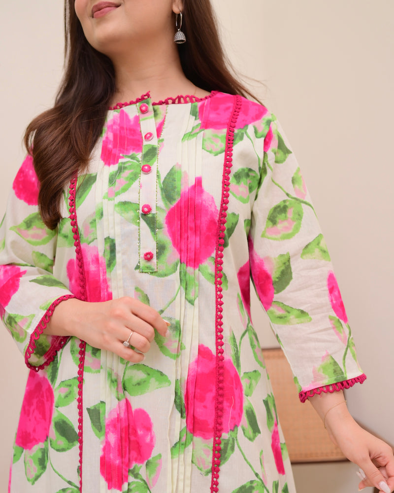 Rosy Radiance Pintex A Line Cotton Kurta Set