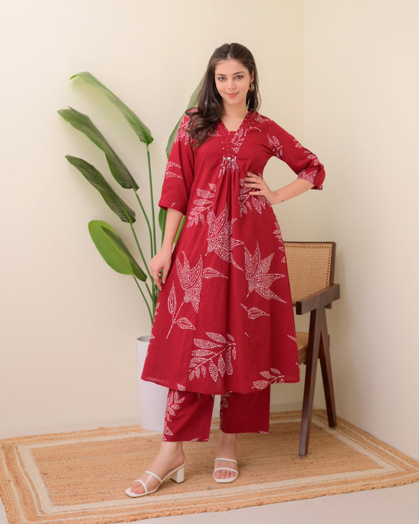 Red Polka Dots Cotton A Line Kurta Palazzo Set