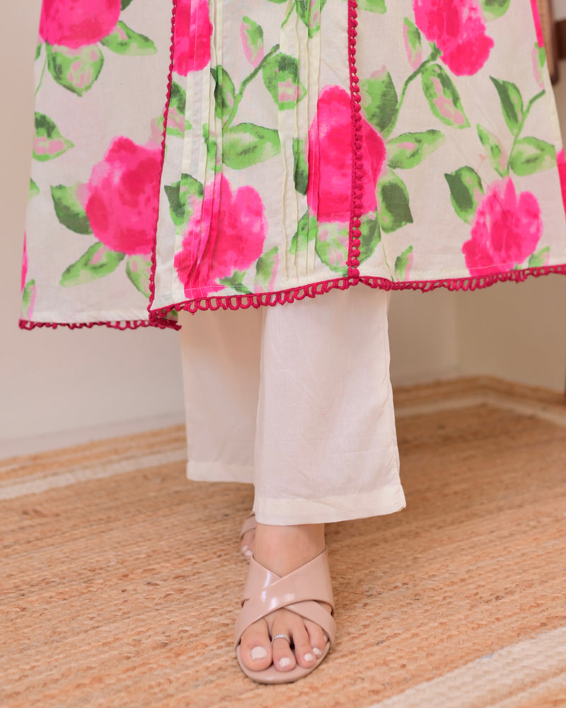 Rosy Radiance Pintex A Line Cotton Kurta Set