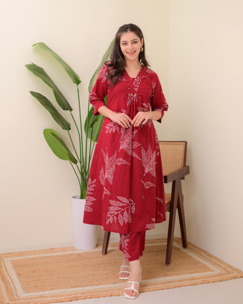 Red Polka Dots Cotton A Line Kurta Palazzo Set