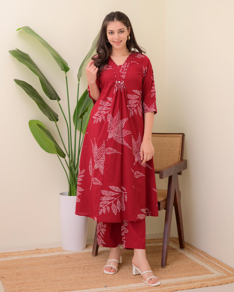 Red Polka Dots Cotton A Line Kurta Palazzo Set