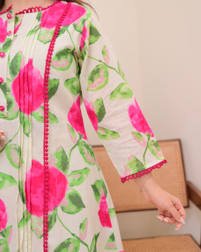 Rosy Radiance Pintex A Line Cotton Kurta Set