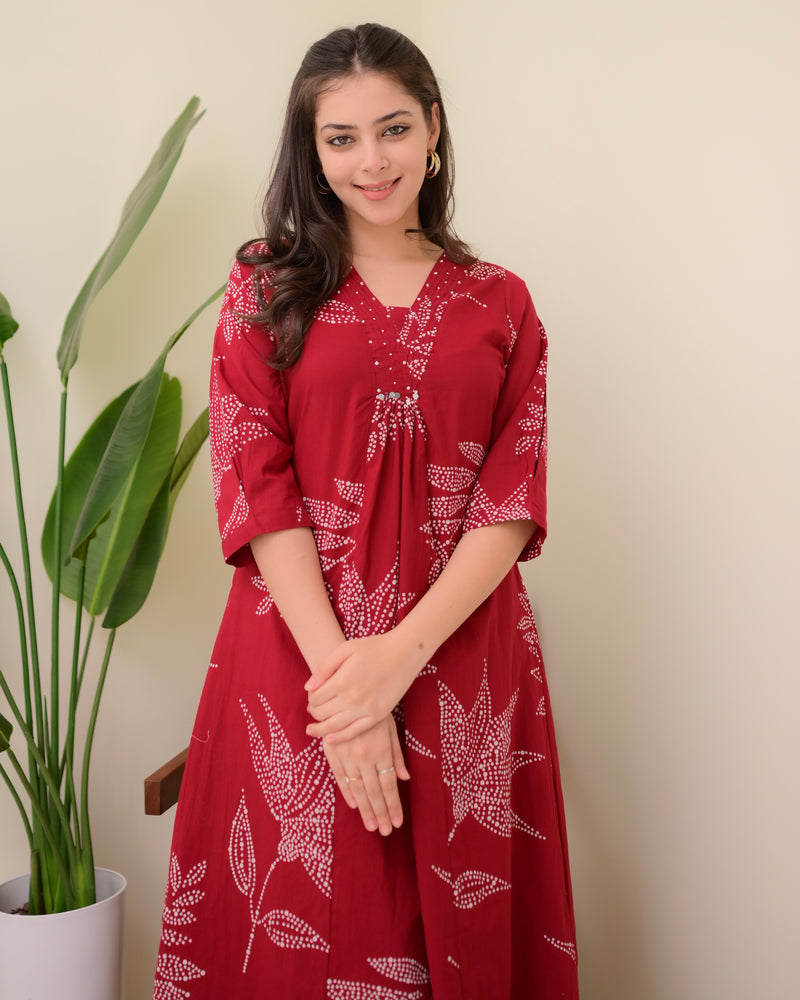 Red Polka Dots Cotton A Line Kurta Palazzo Set