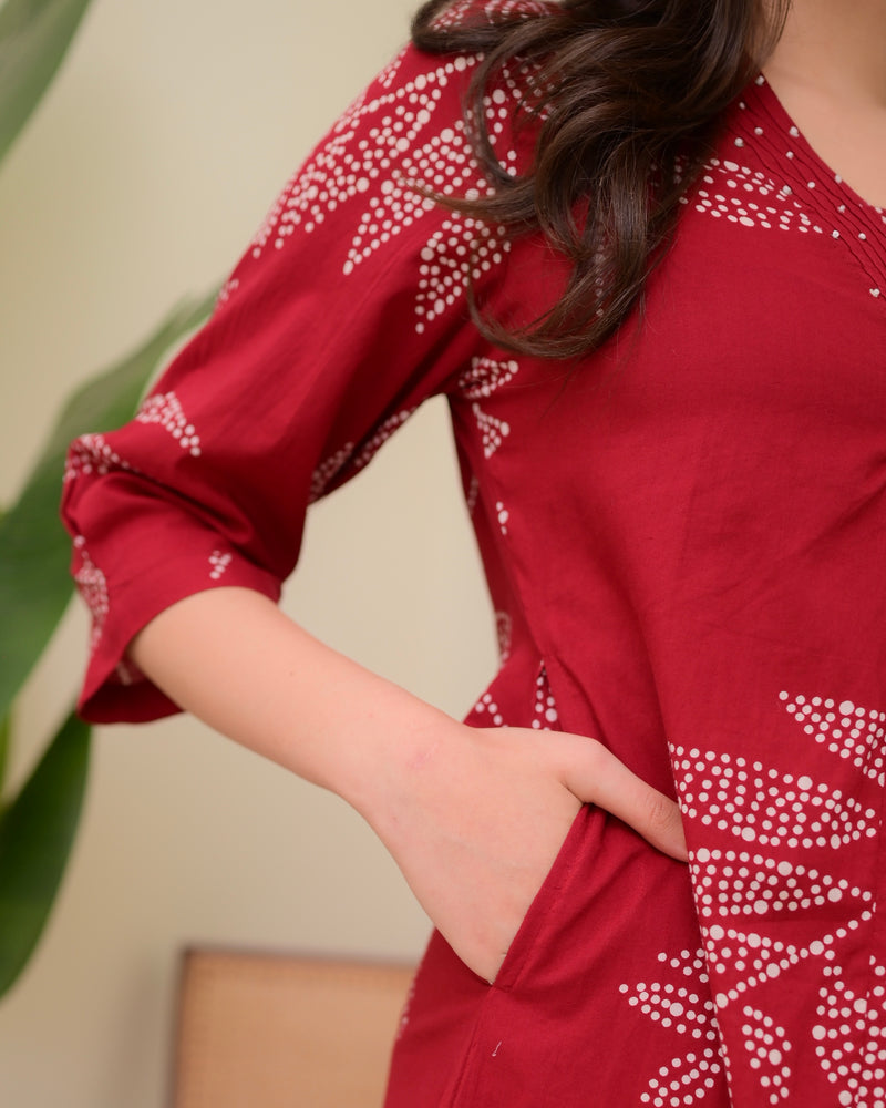 Red Polka Dots Cotton A Line Kurta Palazzo Set