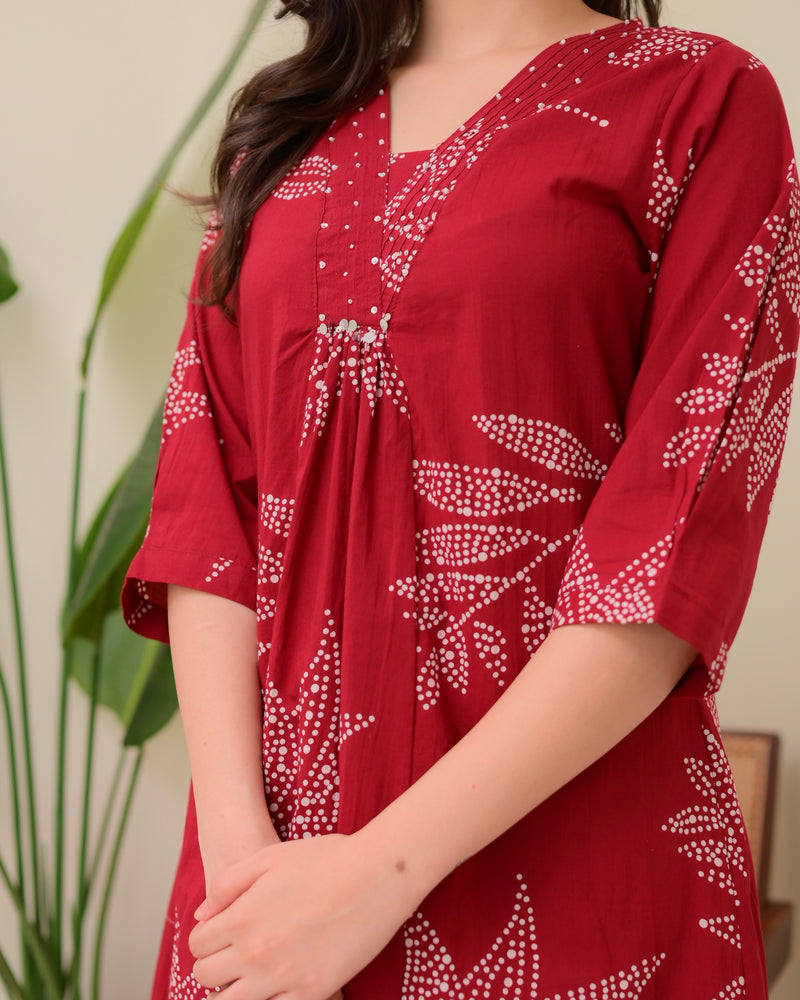 Red Polka Dots Cotton A Line Kurta Palazzo Set