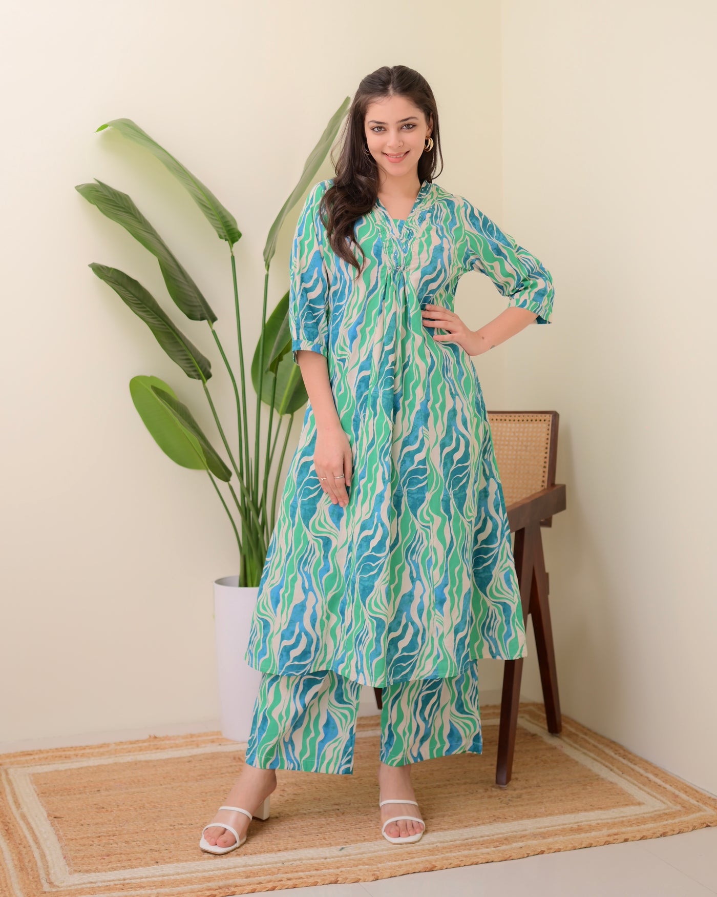 Green Blue Abstract Cotton A Line Kurta Palazzo Set