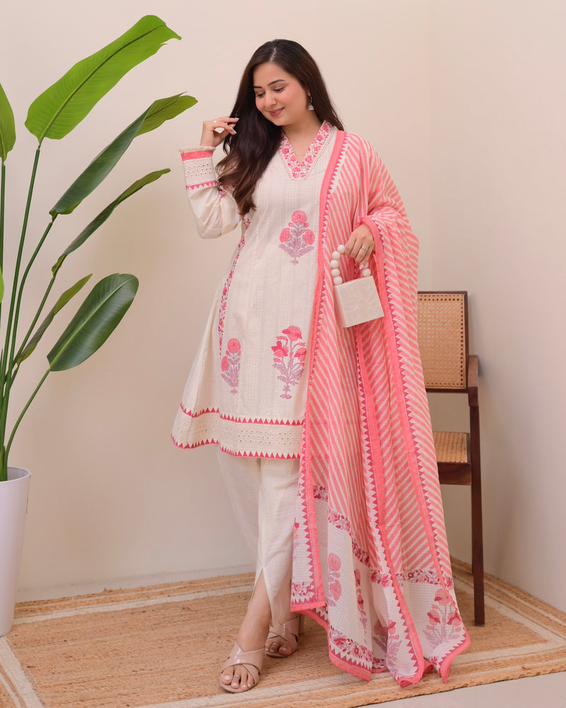 Ivory Pink Bloom Pakistani Tulip Cotton Suit