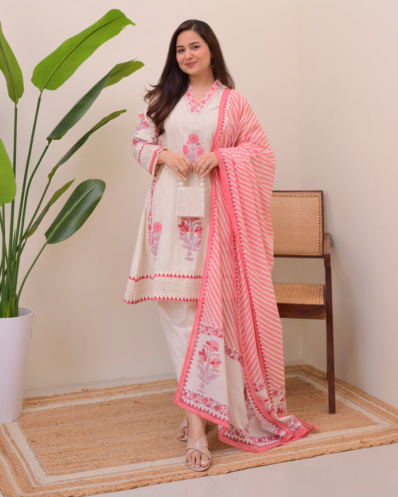 Ivory Pink Bloom Pakistani Tulip Cotton Suit