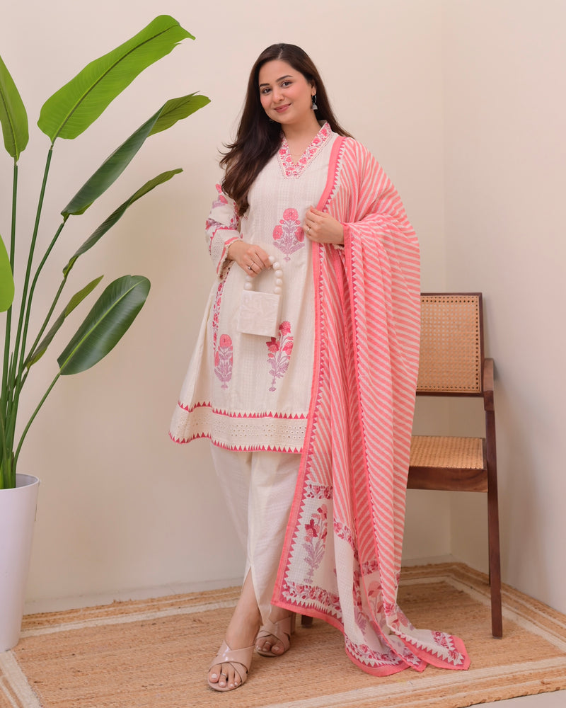Ivory Pink Bloom Pakistani Tulip Cotton Suit