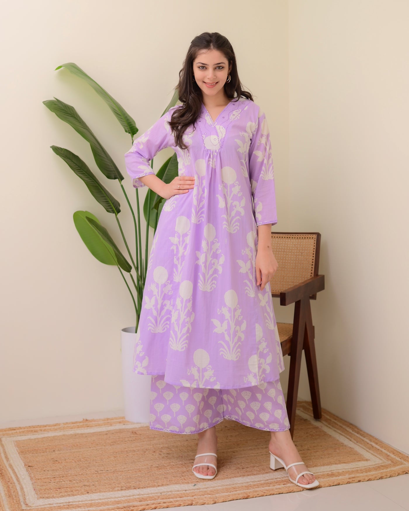 Lilac Floral Cotton A Line Kurta Palazzo Set