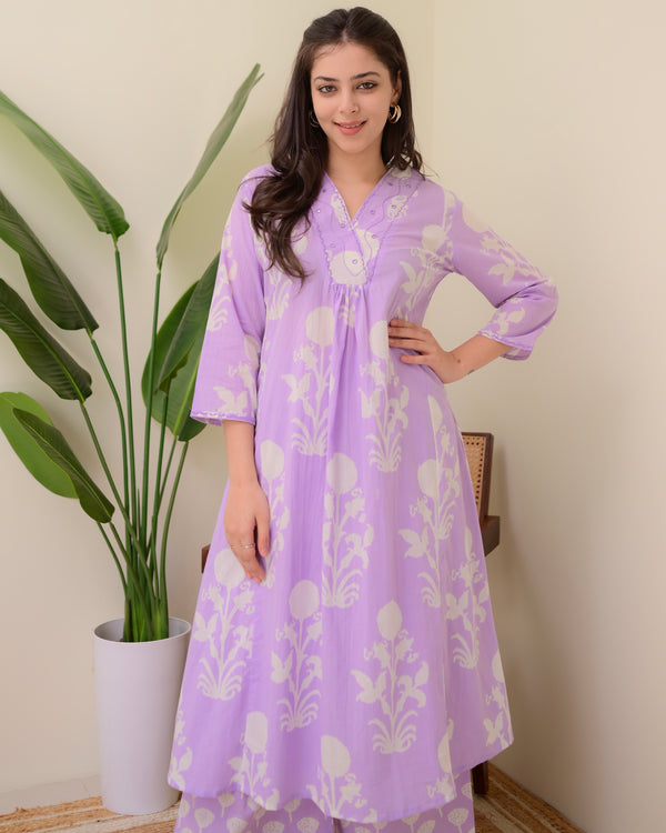 Lilac Floral Cotton A Line Kurta Palazzo Set