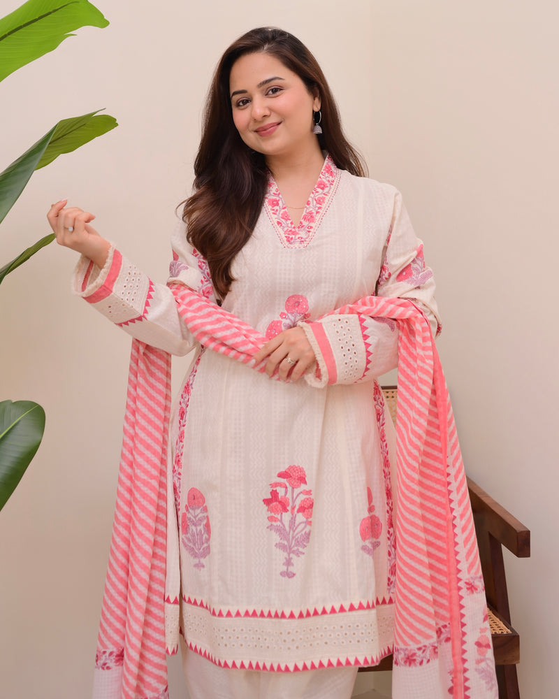 Ivory Pink Bloom Pakistani Tulip Cotton Suit