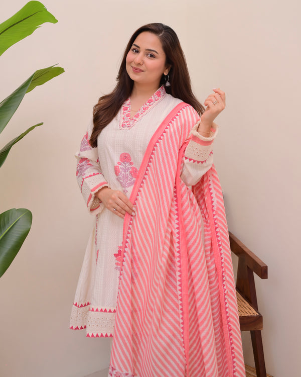 Ivory Pink Bloom Pakistani Tulip Cotton Suit