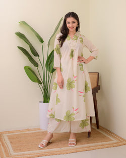 Ivory Green Floral Cotton A Line Kurta Palazzo Set
