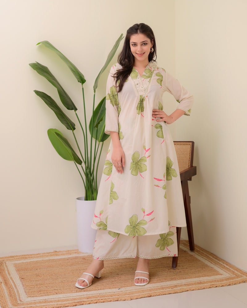 Ivory Green Floral Cotton A Line Kurta Palazzo Set