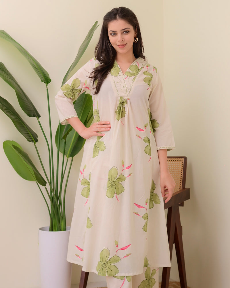 Ivory Green Floral Cotton A Line Kurta Palazzo Set