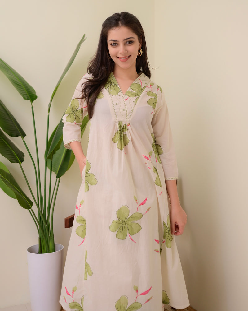 Ivory Green Floral Cotton A Line Kurta Palazzo Set