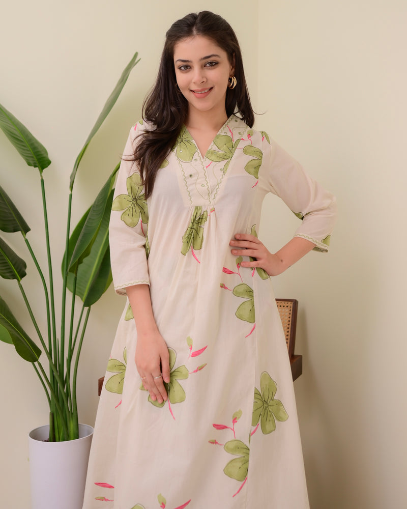 Ivory Green Floral Cotton A Line Kurta Palazzo Set