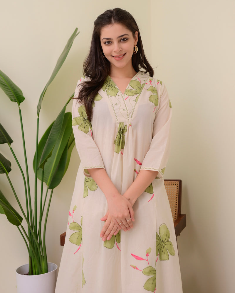 Ivory Green Floral Cotton A Line Kurta Palazzo Set
