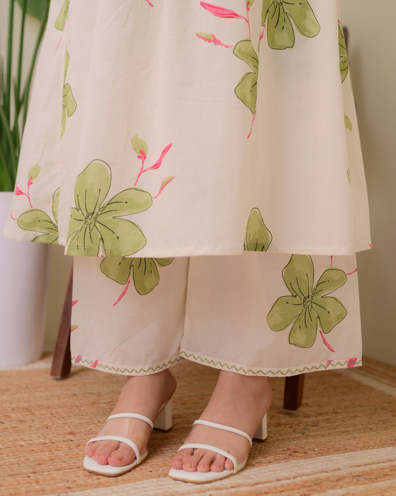 Ivory Green Floral Cotton A Line Kurta Palazzo Set