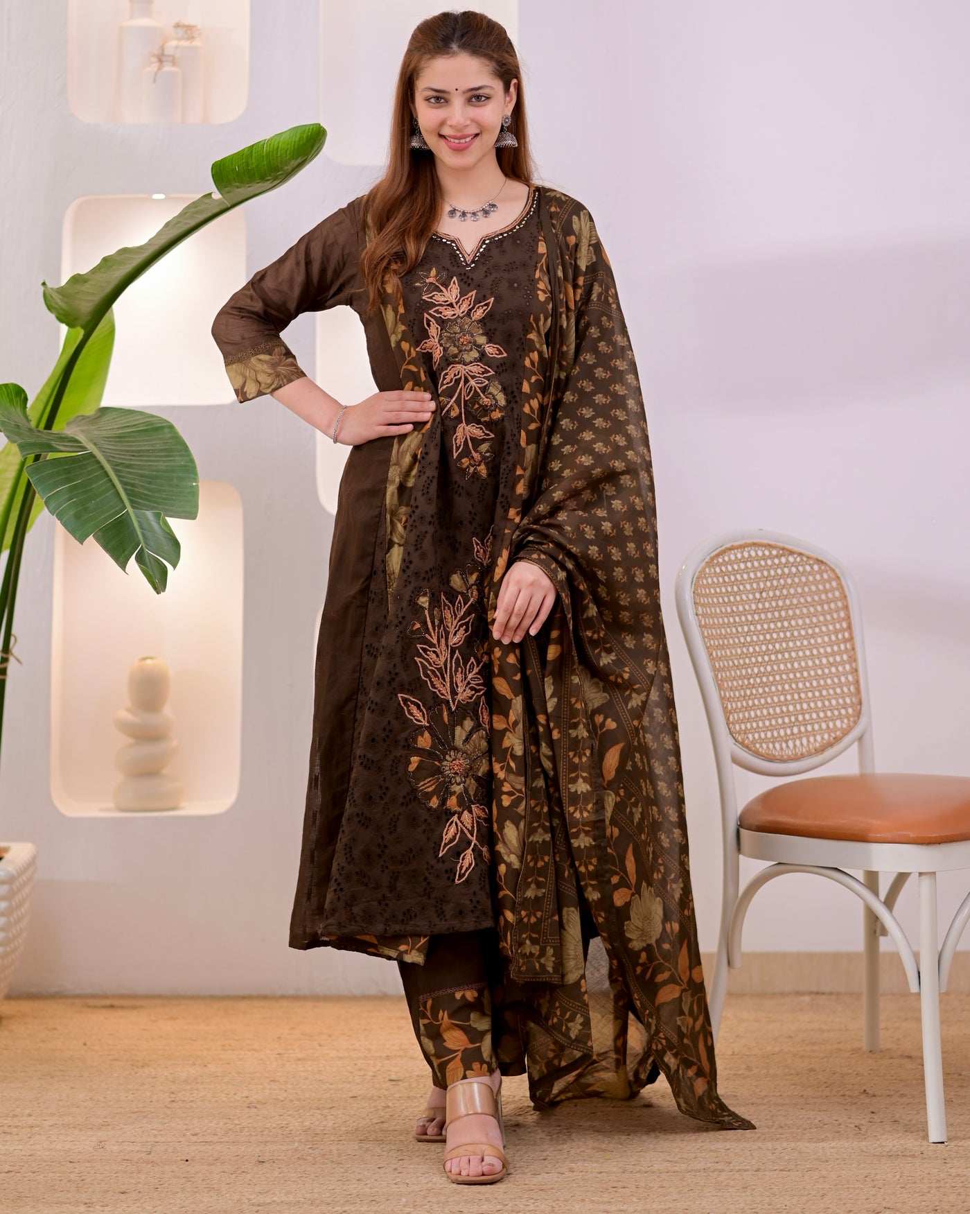Cocoa Gulmohar Schiffli Floral A Line Suit