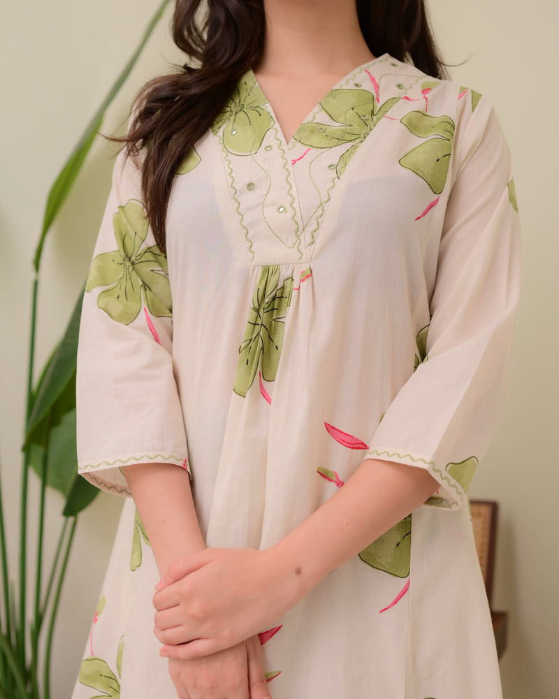 Ivory Green Floral Cotton A Line Kurta Palazzo Set