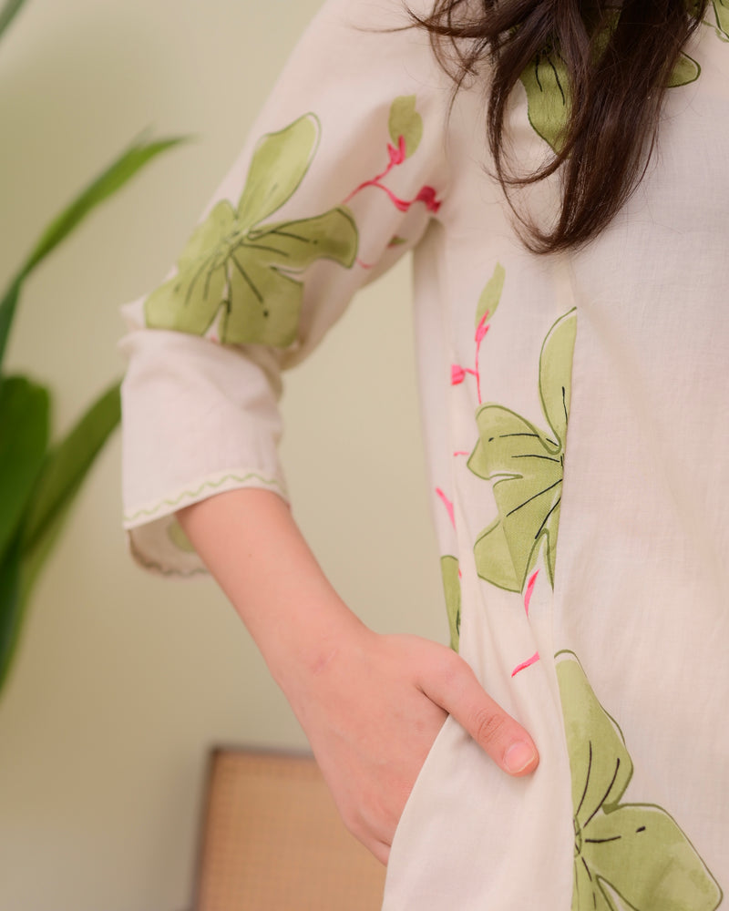 Ivory Green Floral Cotton A Line Kurta Palazzo Set