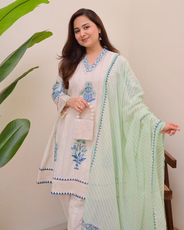Ivory Blue Bloom Pakistani Tulip Cotton Suit