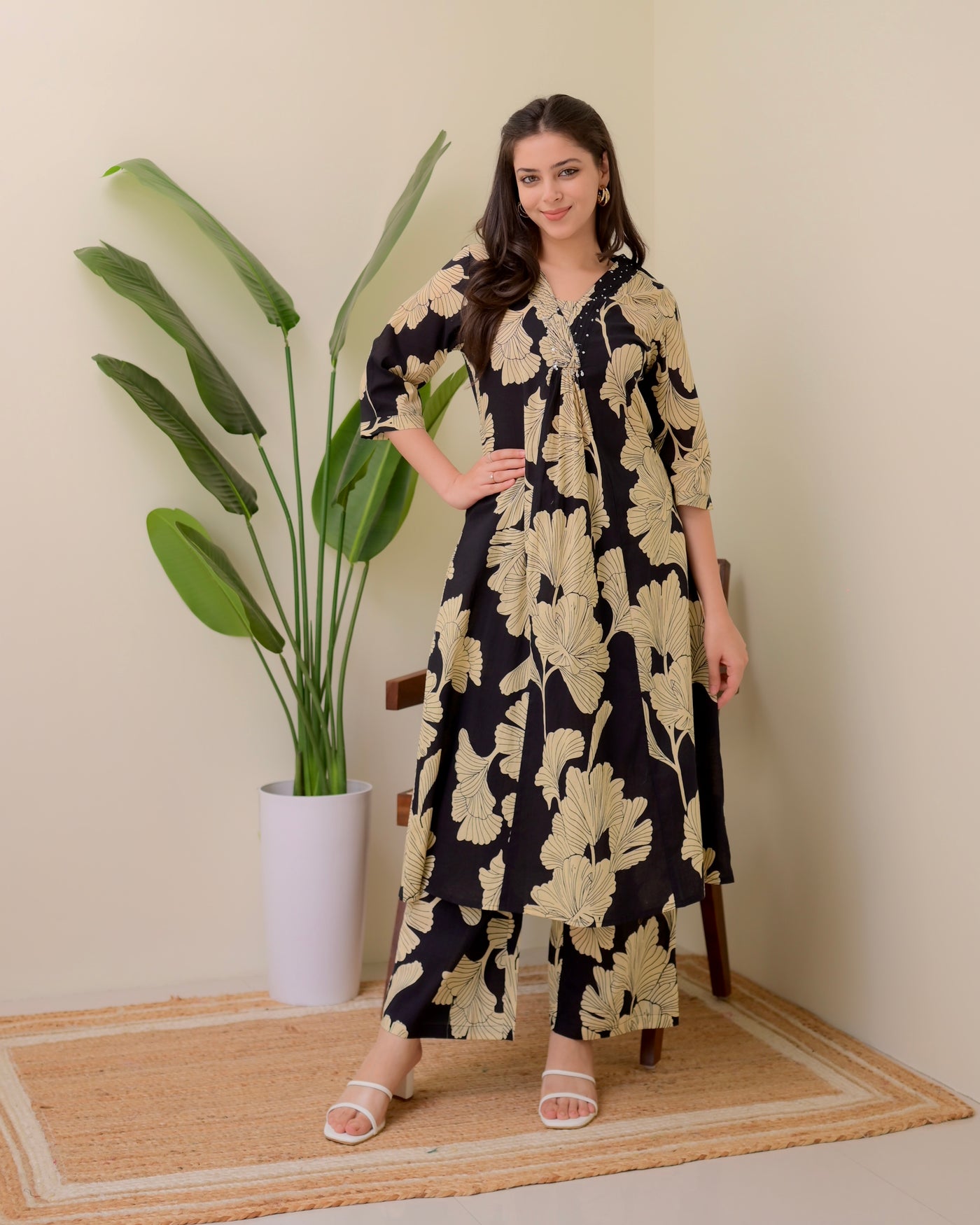 Black Ivory Floral Cotton A Line Kurta Palazzo Set