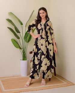 Black Ivory Floral Cotton A Line Kurta Palazzo Set