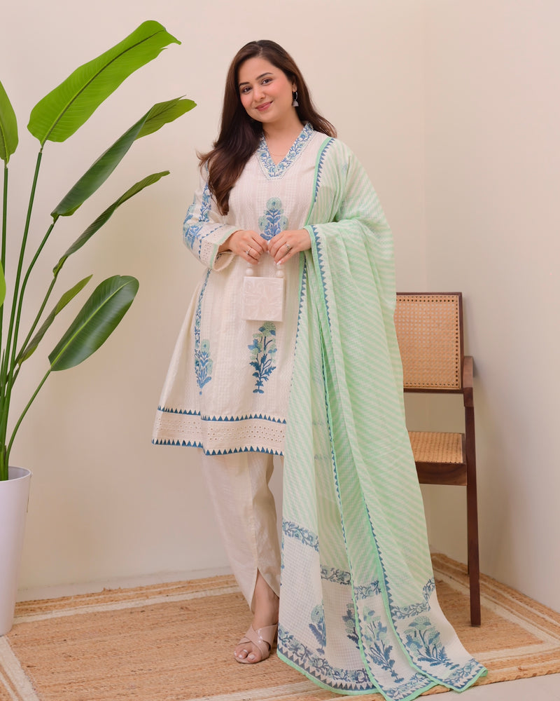 Ivory Blue Bloom Pakistani Tulip Cotton Suit