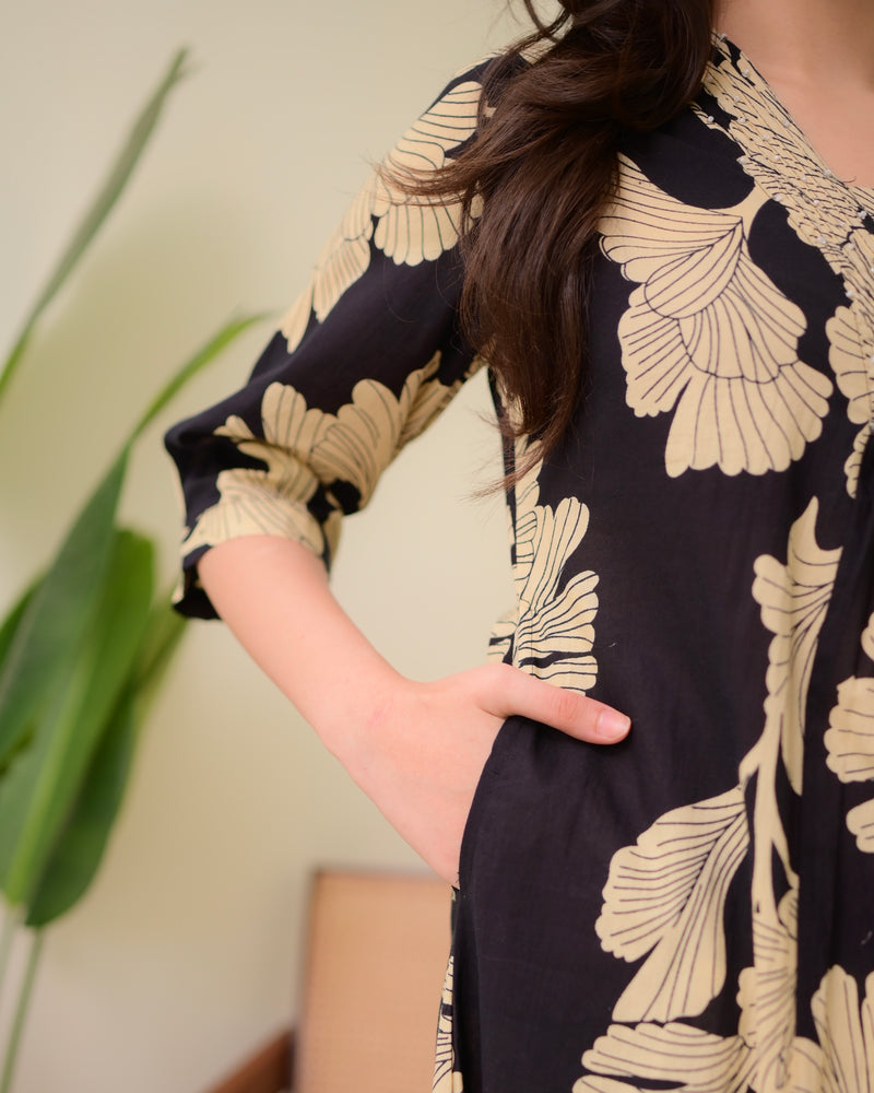Black Ivory Floral Cotton A Line Kurta Palazzo Set