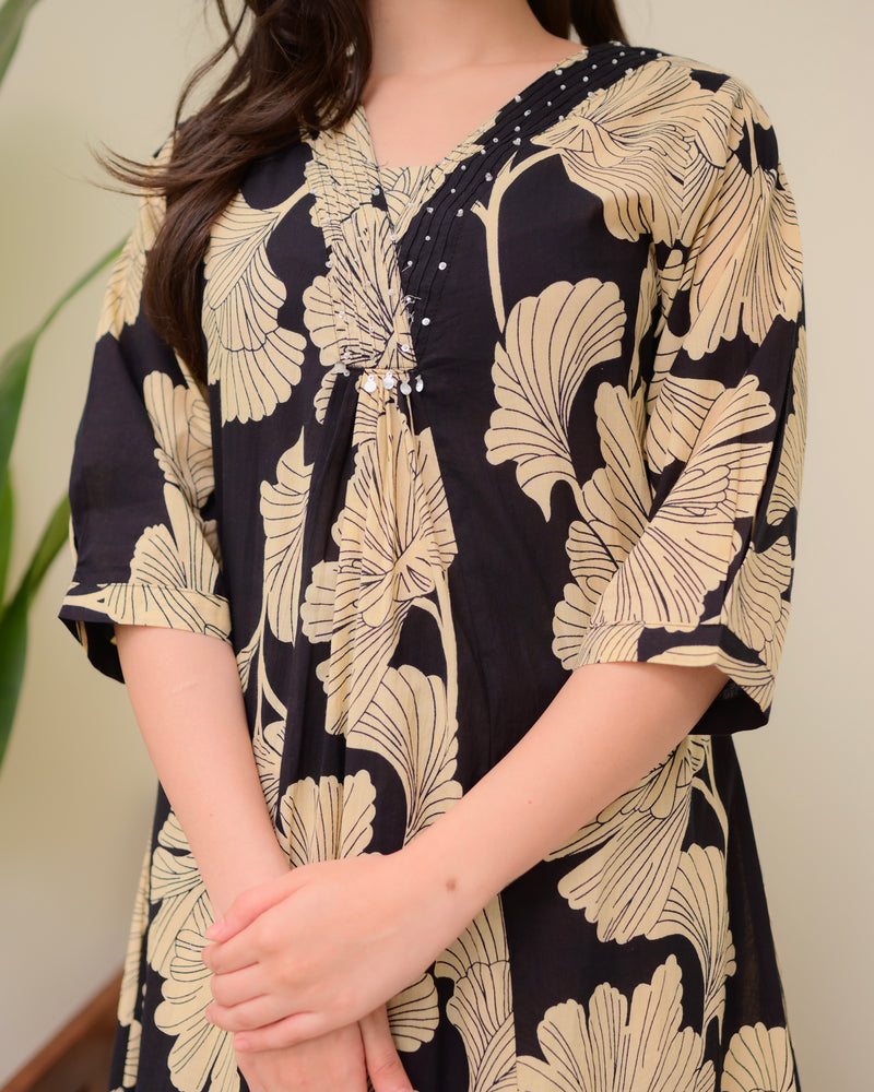 Black Ivory Floral Cotton A Line Kurta Palazzo Set