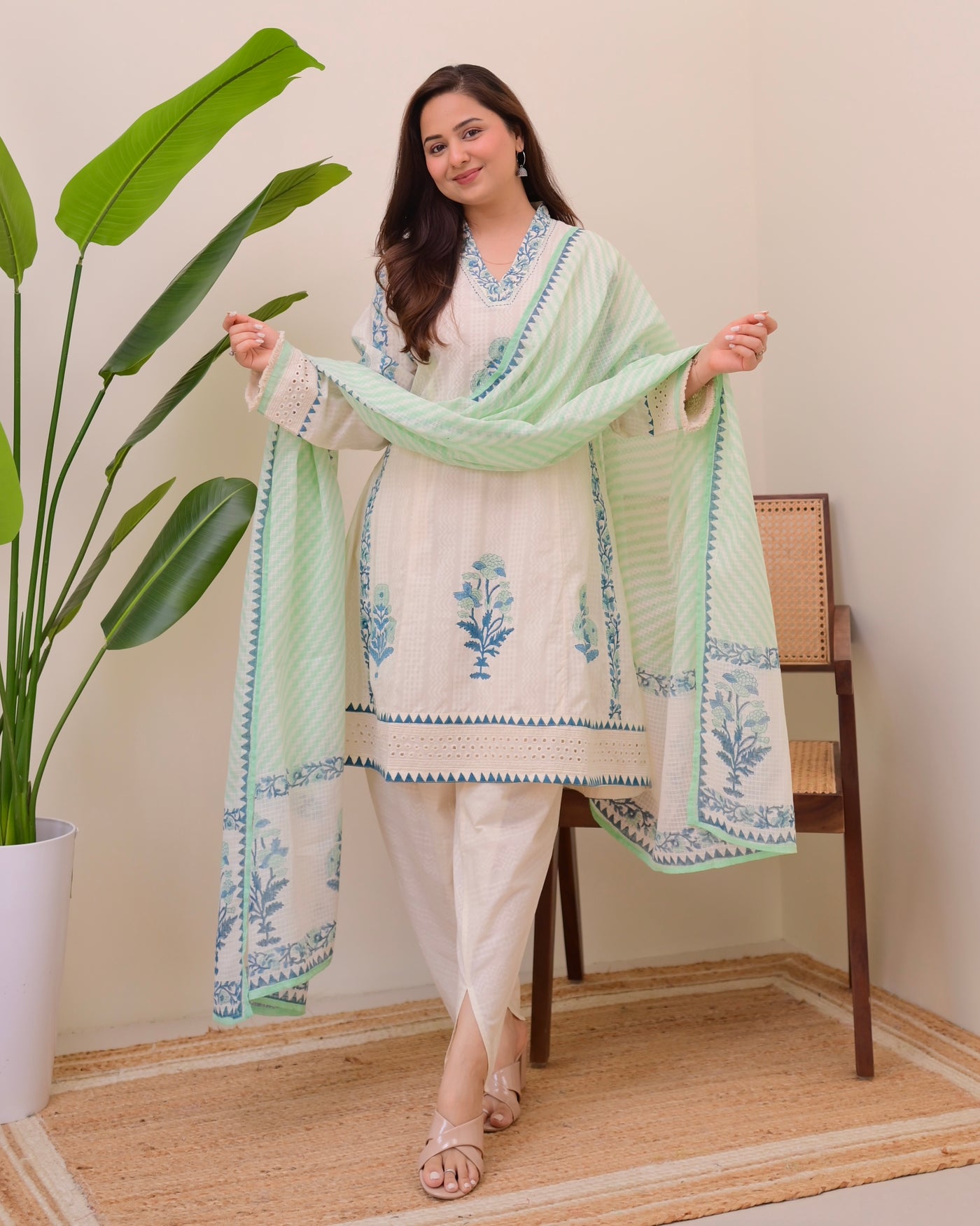 Ivory Blue Bloom Pakistani Tulip Cotton Suit