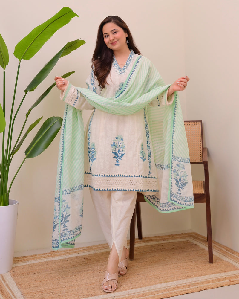 Ivory Blue Bloom Pakistani Tulip Cotton Suit