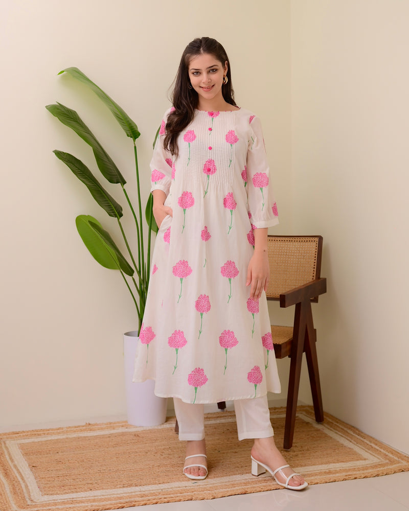 White Pink Floral Pintex A Line Mul Cotton Kurta Set