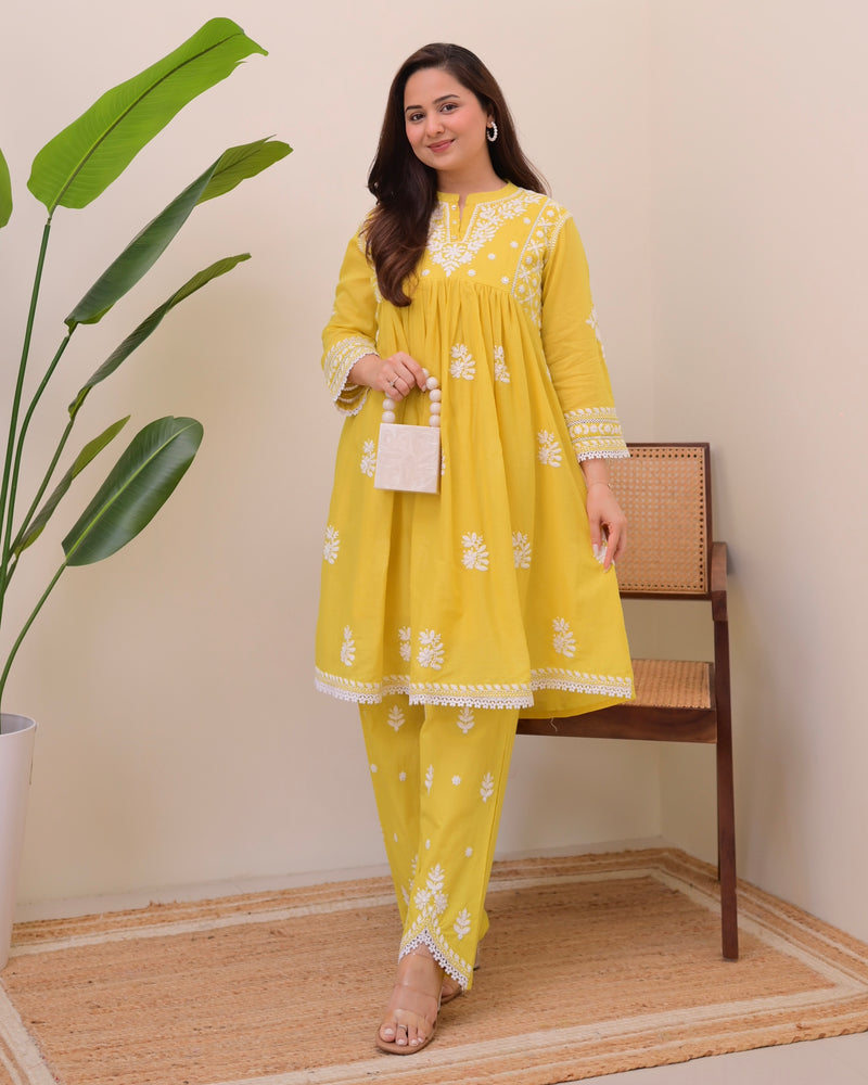 Citrus Charm Chikankari Mul Cotton Co-ord