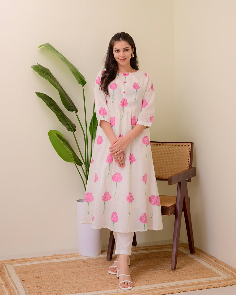 White Pink Floral Pintex A Line Mul Cotton Kurta Set