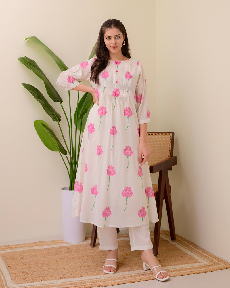 White Pink Floral Pintex A Line Mul Cotton Kurta Set