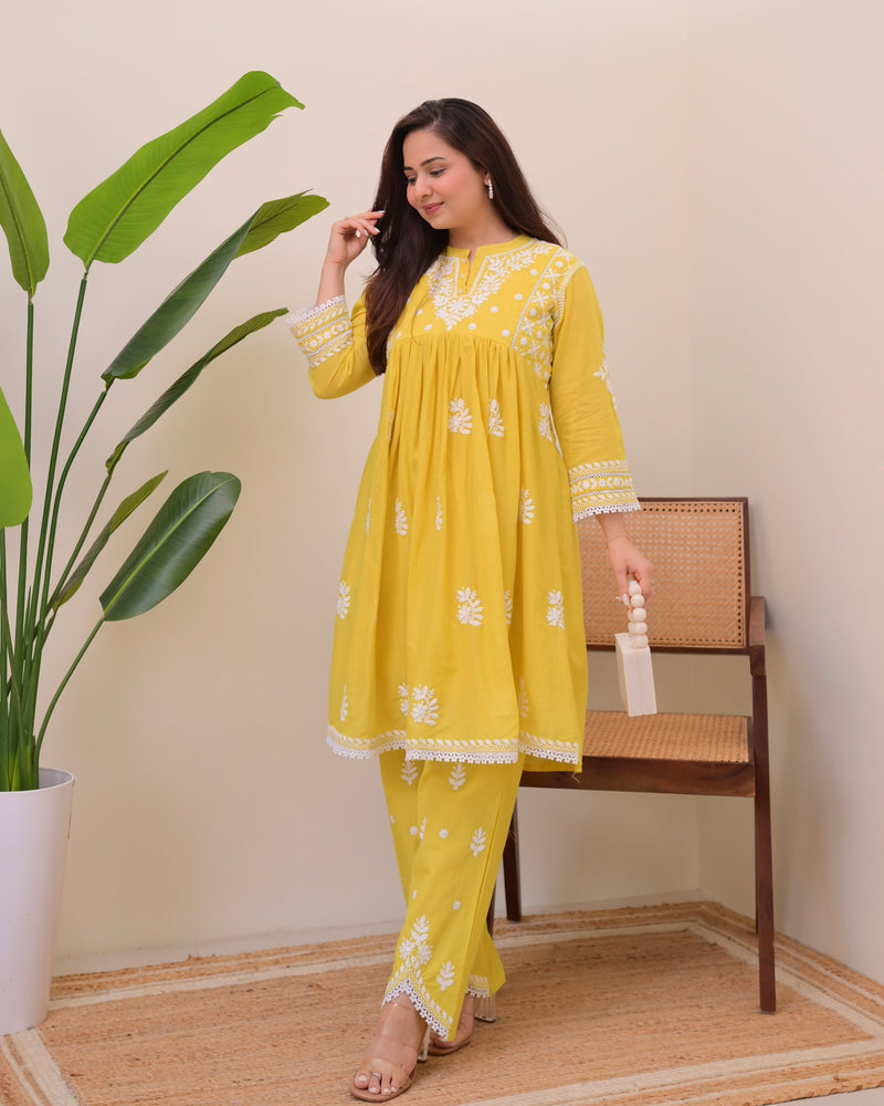 Citrus Charm Chikankari Mul Cotton Co-ord