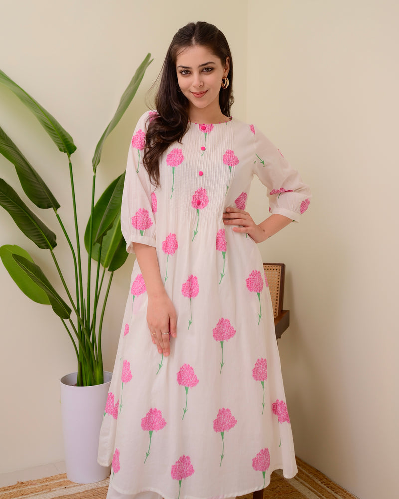 White Pink Floral Pintex A Line Mul Cotton Kurta Set