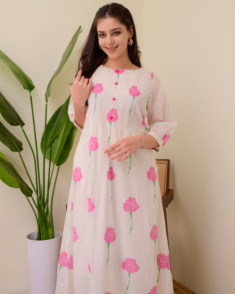 White Pink Floral Pintex A Line Mul Cotton Kurta Set