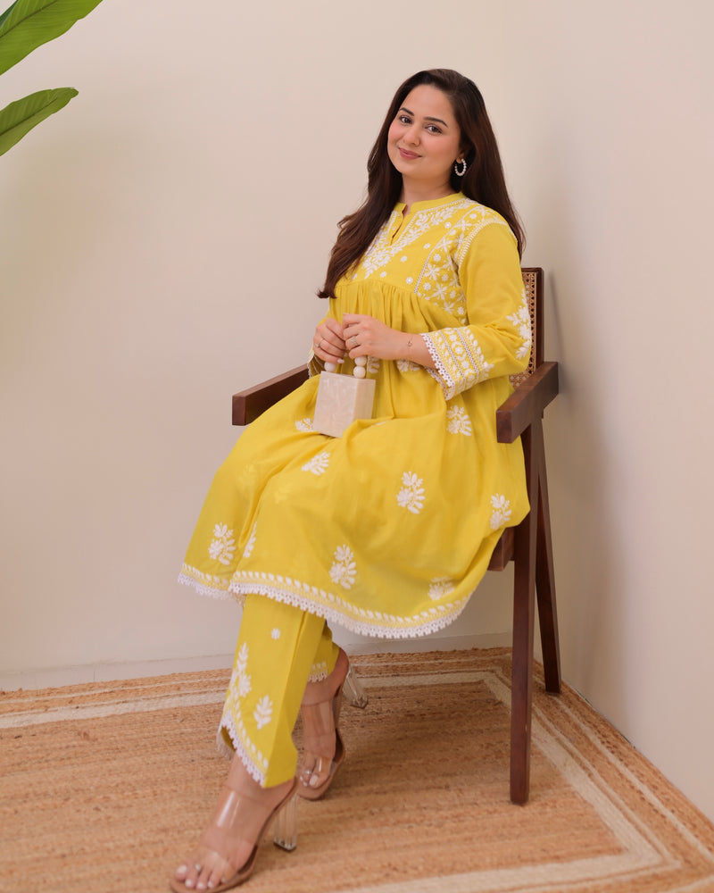 Citrus Charm Chikankari Mul Cotton Co-ord